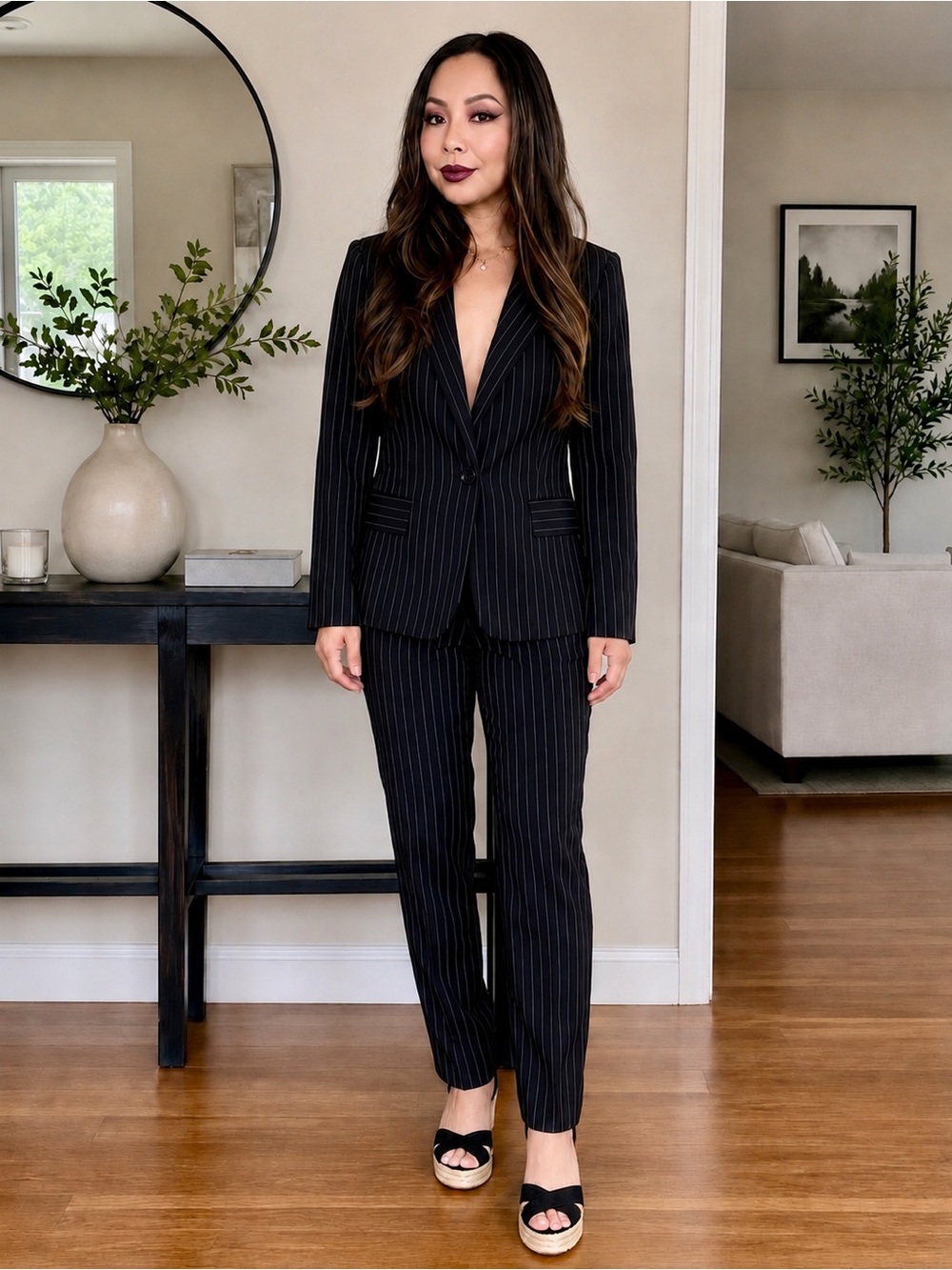 Vintage Fashion Bug Black Pinstripe Tailored Pantsuit Set